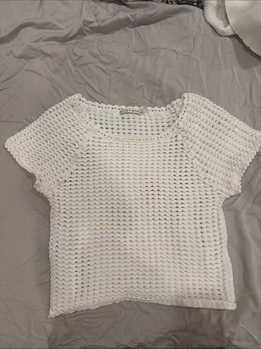 Alice + Olivia White Crochet Short Sleeve Crop Top